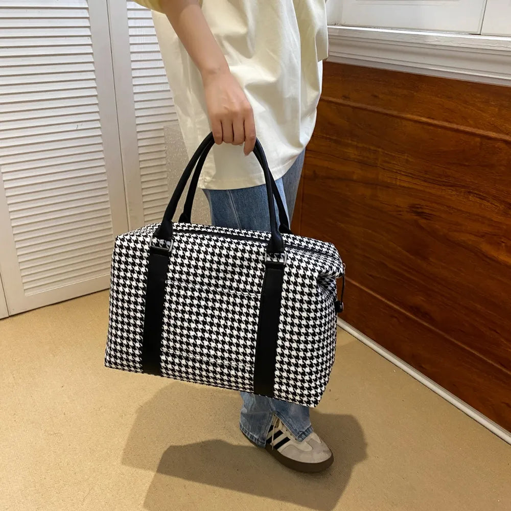 Houndstooth Canvas Travel Bag - Premium travel-bag from Trendsi - Just $44.99! Shop now at Handbags Specialist Headquarter