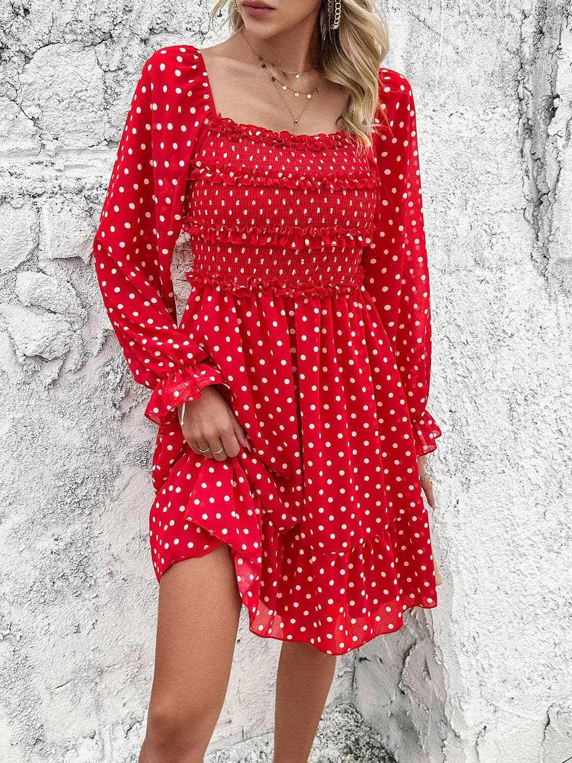 Smocked Polka Dot Long Sleeve Dress.