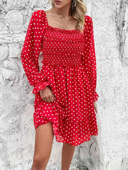 Smocked Polka Dot Long Sleeve Dress.