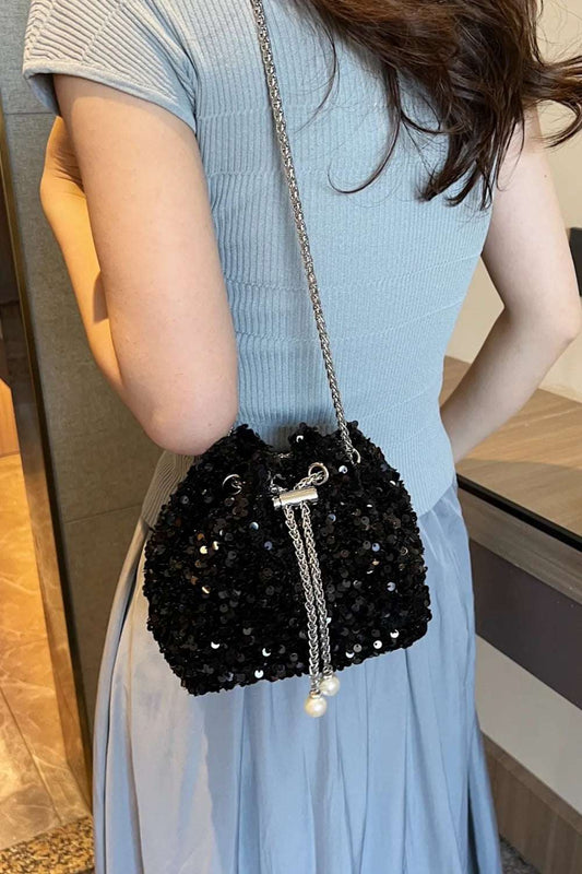 Sequin Chain Drawstring Bucket Bag - Premium Crossbody Bag from Trendsi - Just $21.99! Shop now at Handbags Specialist Headquarter