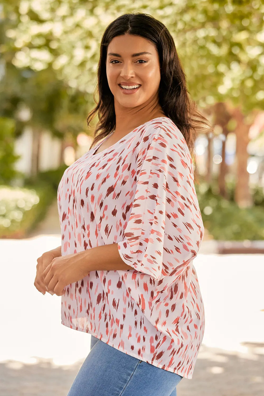 Plus Size Printed V-Neck Blouse - Premium Plus Size Shirts from Trendsi - Just $21! Shop now at Handbags Specialist Headquarter