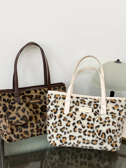 Leopard Faux Fur Tote Bag with Coin Purse - Premium Tote Bag from Trendsi - Just $39.99! Shop now at Handbags Specialist Headquarter