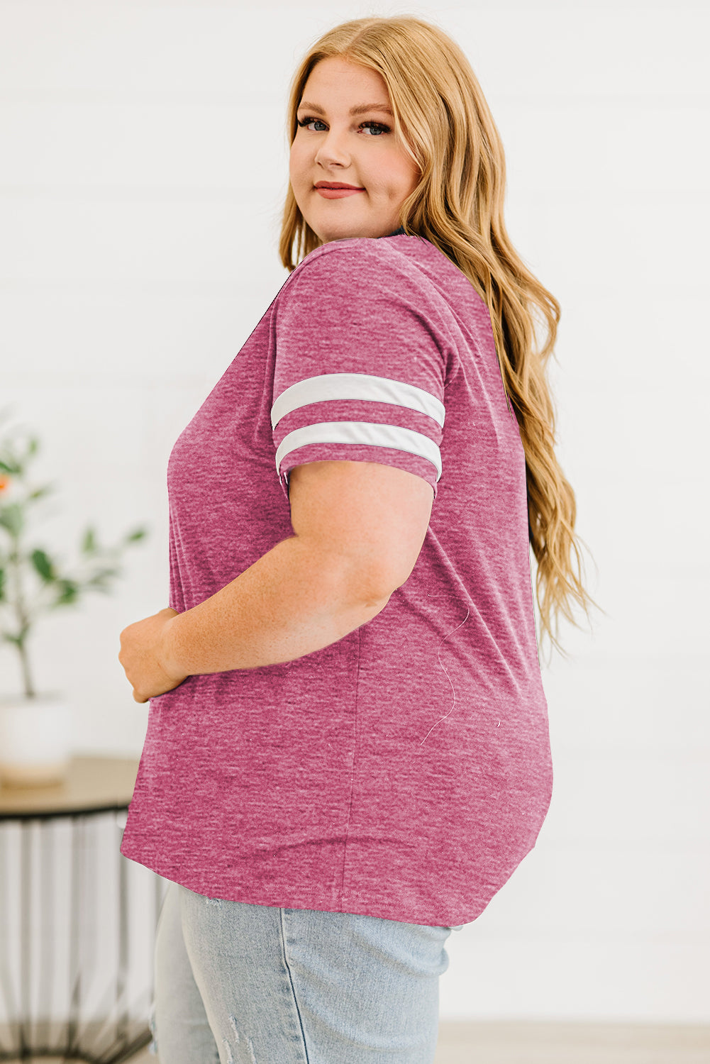 Plus Size Striped V-Neck Tee Shirt - Premium Plus Size Shirts from Trendsi - Just $26! Shop now at Handbags Specialist Headquarter