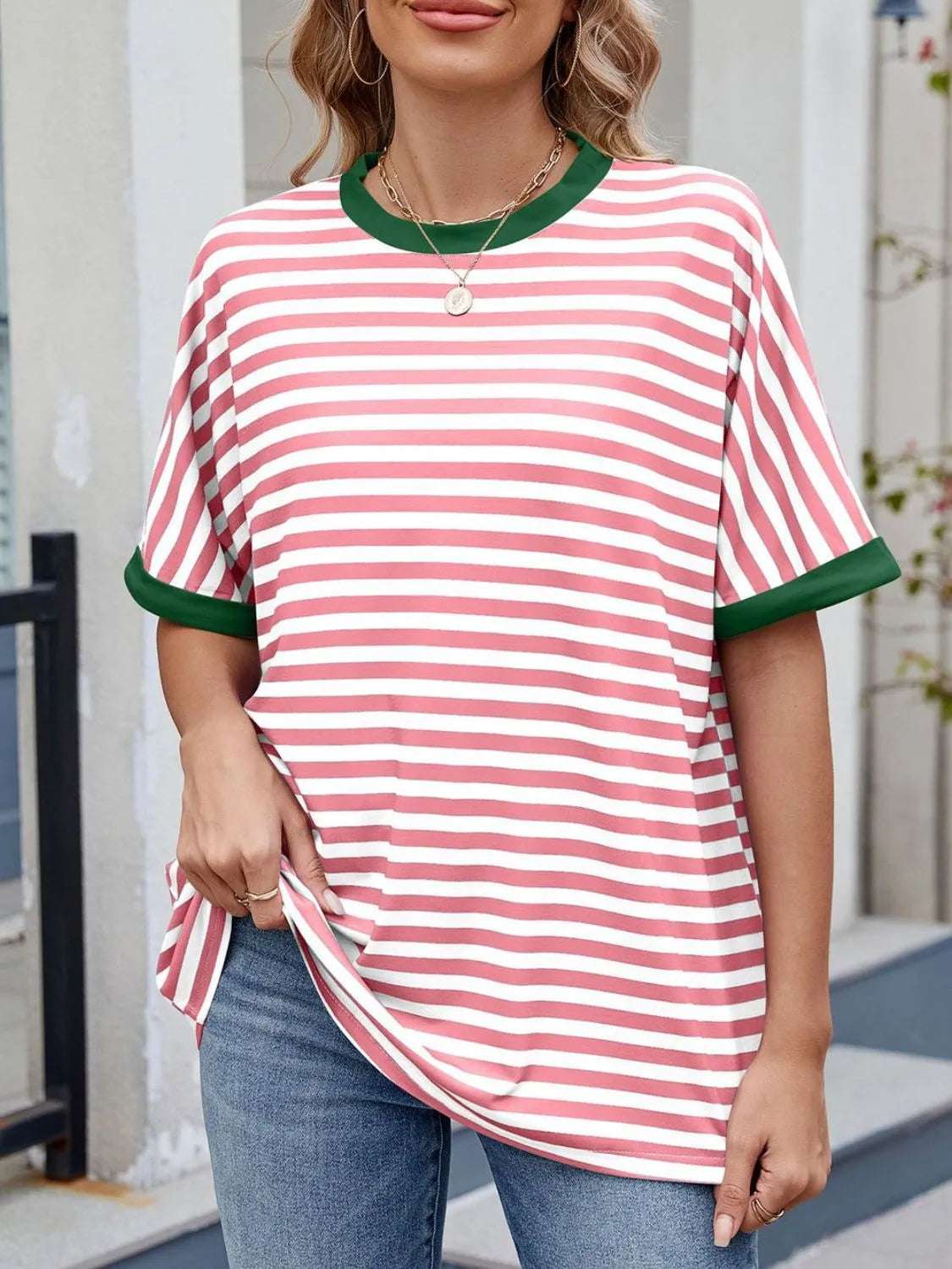 Striped Round Neck Half Sleeve T-Shirt - Premium Women / Tops from Trendsi - Just $19.34! Shop now at Handbags Specialist Headquarter