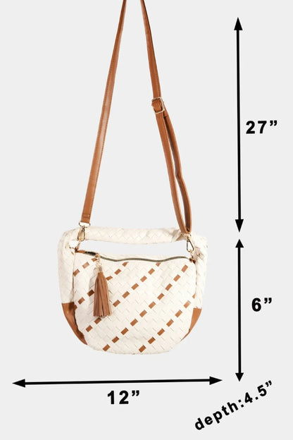 Fame Tassel Detail Weave Semi Circle Bag - Premium Tote Bag from Trendsi - Just $42.99! Shop now at Handbags Specialist Headquarter