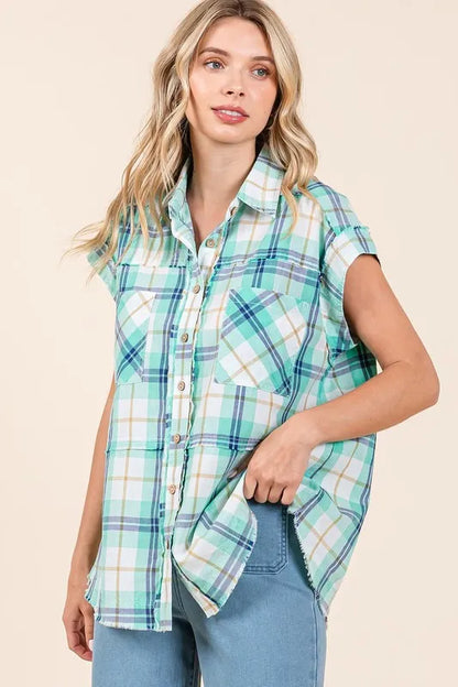 Mittoshop Mineral Wash Plaid Button Down Shirt - Premium Women's Down Shirt Tops from Trendsi - Just $51.26! Shop now at Handbags Specialist Headquarter