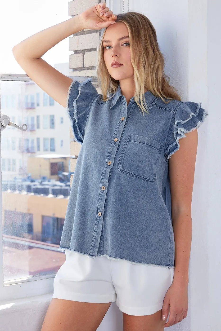 Mittoshop Washed Denim Ruffle Short Sleeve Collared Shirt - Premium Women / Jeans & Denim from Trendsi - Just $53.80! Shop now at Handbags Specialist Headquarter