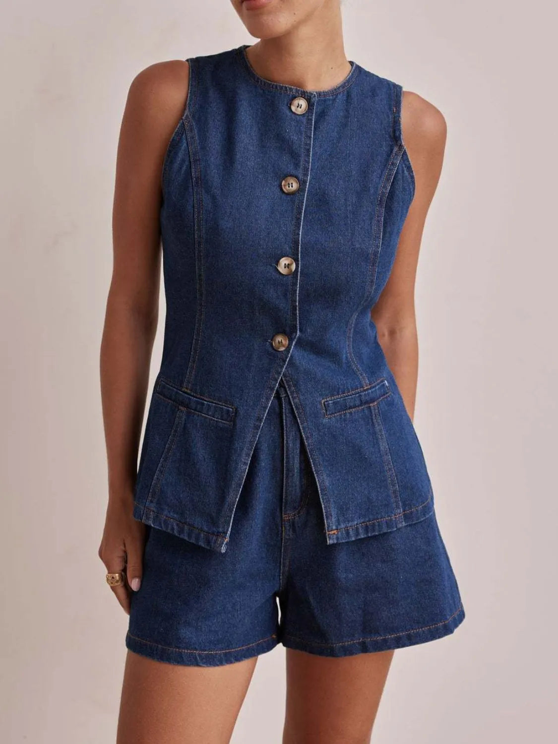 Button Down Vest and Shorts Denim Set - Premium Women / Jeans & Denim from Trendsi - Just $65.12! Shop now at Handbags Specialist Headquarter