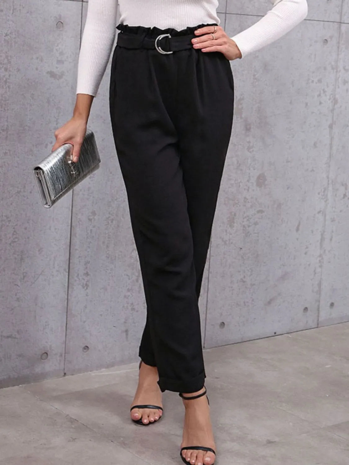 Belted Paperbag Waist Pants - Premium Women Pants from Trendsi - Just $36.99! Shop now at Handbags Specialist Headquarter