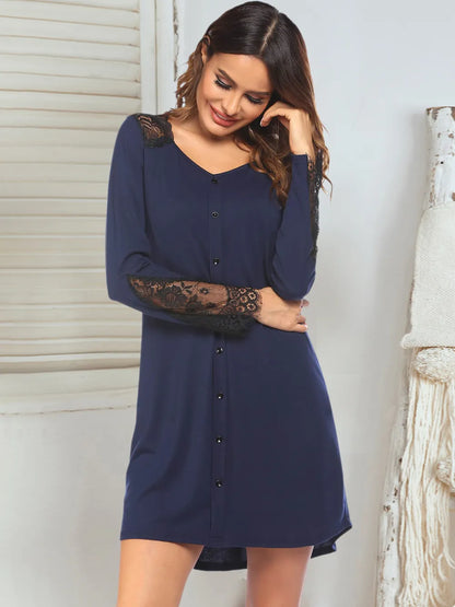 Lace Detail Long Sleeve Mini Lounge Dress - Premium Sleepwear from Trendsi - Just $28.72! Shop now at Handbags Specialist Headquarter