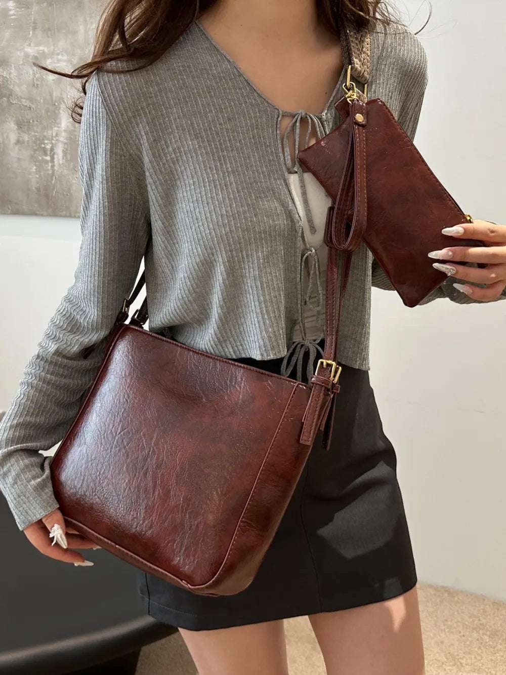 PU Leather Adjustable Strap Crossbody Bag with Pouch - Premium Crossbody Bag from Trendsi - Just $31.99! Shop now at Handbags Specialist Headquarter