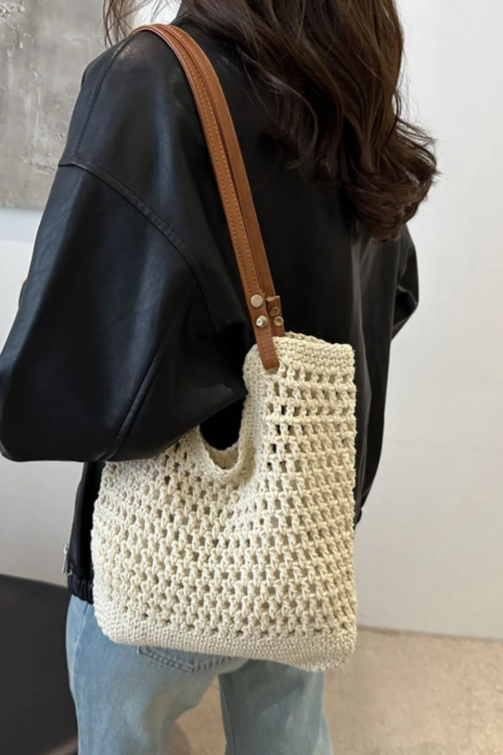 Openwork Woven Tote Bag - Premium Tote Bag from Trendsi - Just $39.99! Shop now at Handbags Specialist Headquarter