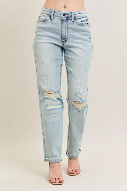 Judy Blue Full Size Mr Repair Stitch Detail Destroy Single Cuff Bf Jeans Plus Size - Premium Women / Jeans & Denim from Trendsi - Just $70.99! Shop now at Handbags Specialist Headquarter