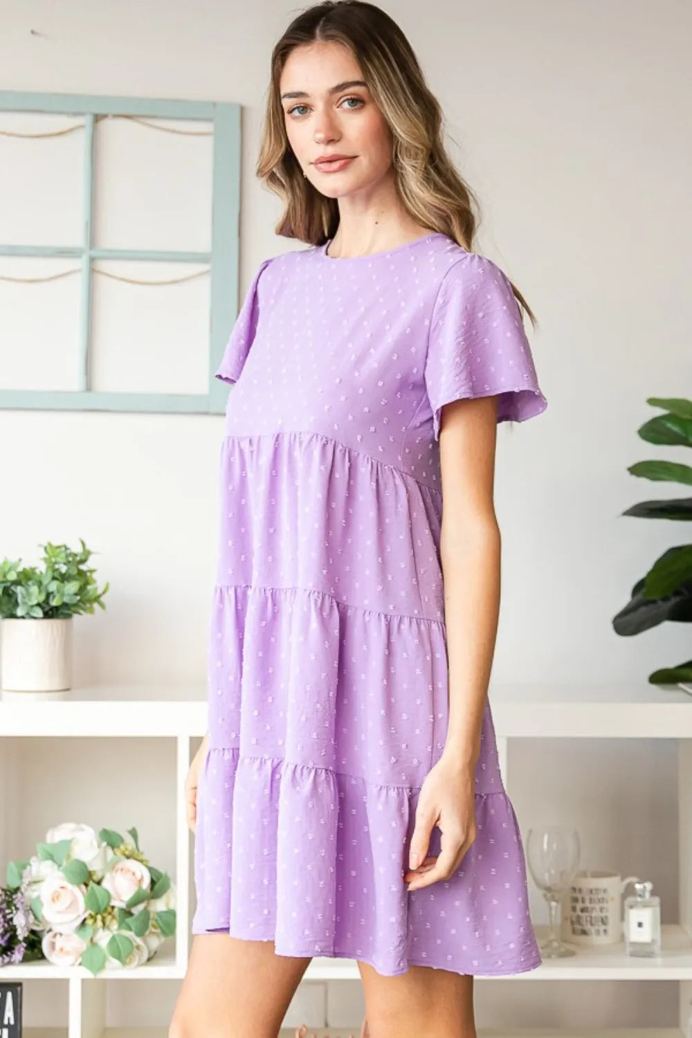 Heimish Full Size Swiss Dot Short Sleeve Tiered Dress - Premium Dresses from Trendsi - Just $39.99! Shop now at Handbags Specialist Headquarter