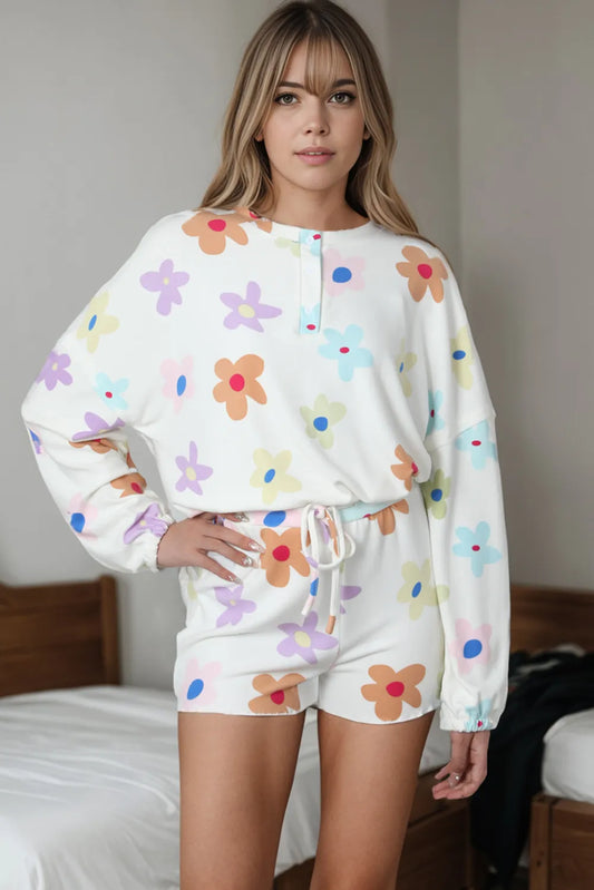Printed Quarter Button Top and Drawstring Shorts Lounge Set - Premium Sleepwear from Trendsi - Just $43! Shop now at Handbags Specialist Headquarter