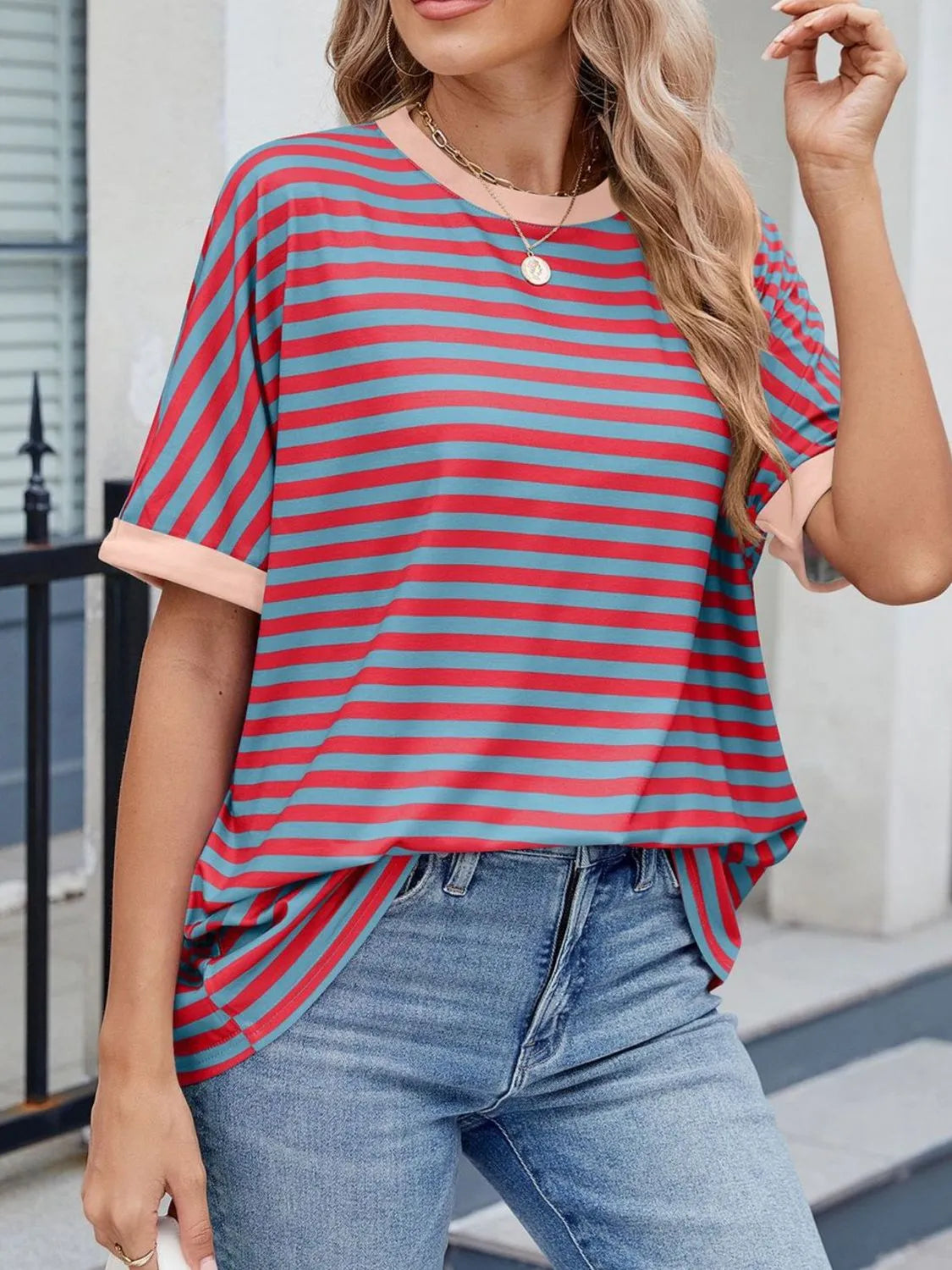 Striped Round Neck Half Sleeve T-Shirt - Premium Women / Tops from Trendsi - Just $19.34! Shop now at Handbags Specialist Headquarter