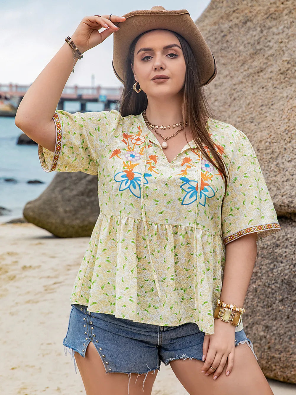 Plus Size Printed Tie Neck Half Sleeve Blouse - Premium Plus Size Shirts from Trendsi - Just $29.28! Shop now at Handbags Specialist Headquarter