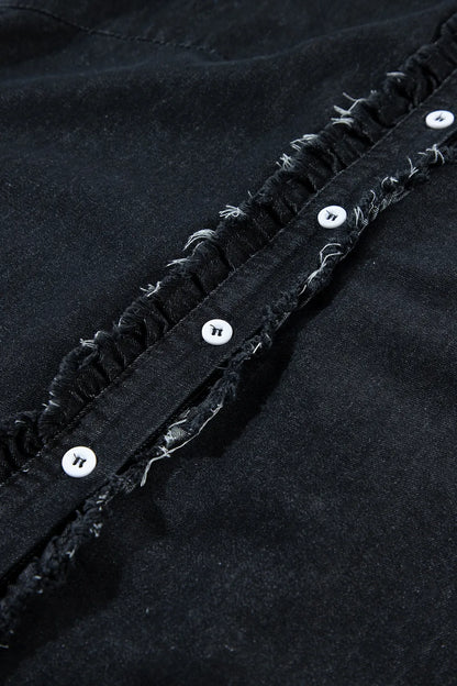 Button Down Raw Hem Ruffled Denim Shirt - Premium Women / Jeans & Denim from Trendsi - Just $43.76! Shop now at Handbags Specialist Headquarter