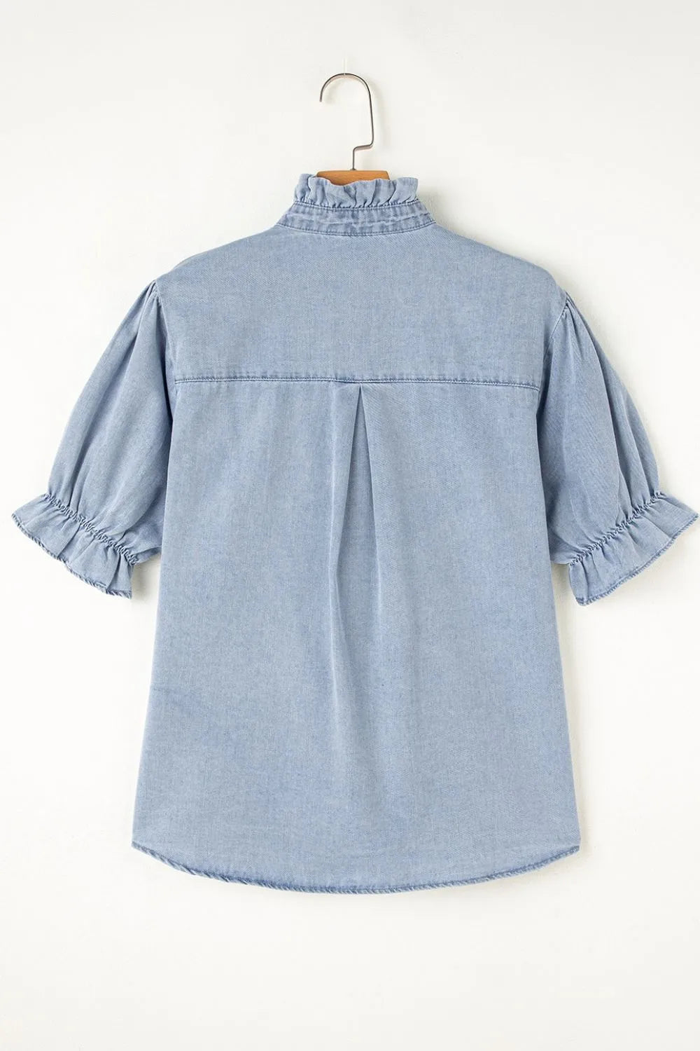 Ruffle Short Puff Sleeve Button Down Denim Shirt - Premium Women / Jeans & Denim from Trendsi - Just $47.50! Shop now at Handbags Specialist Headquarter