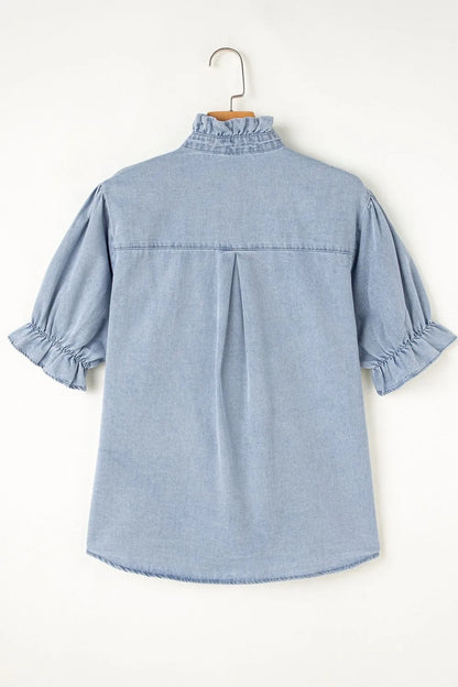 Ruffle Short Puff Sleeve Button Down Denim Shirt - Premium Women / Jeans & Denim from Trendsi - Just $47.50! Shop now at Handbags Specialist Headquarter