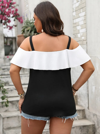Plus Size Ruffled Contrast Short Sleeve Blouse - Premium Plus Size Shirts from Trendsi - Just $22.50! Shop now at Handbags Specialist Headquarter