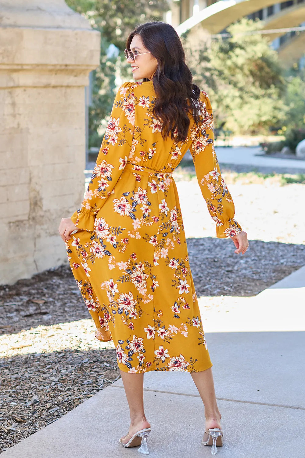 Double Take Full Size Floral Tie Back Flounce Sleeve Dress - Premium Dresses from Trendsi - Just $20.99! Shop now at Handbags Specialist Headquarter