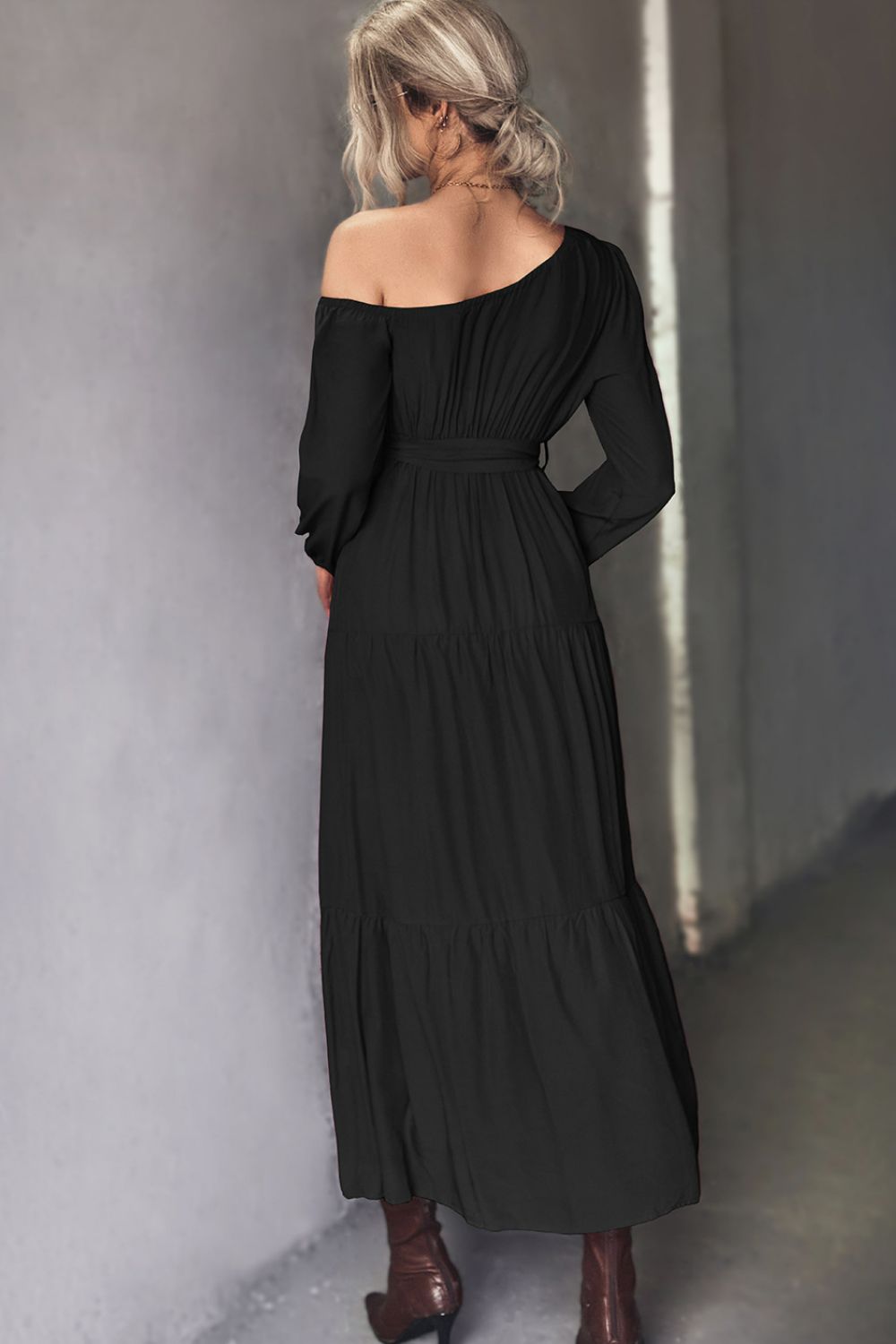 Belted One-Shoulder Tiered Maxi Dress - Premium Maxi Dress from Trendsi - Just $33.99! Shop now at Handbags Specialist Headquarter