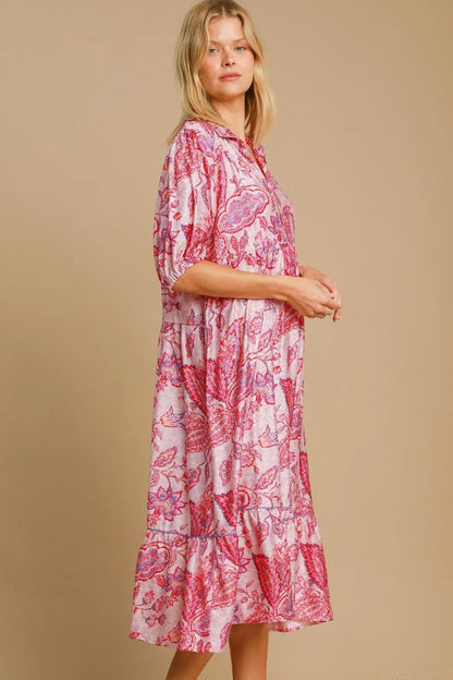 Umgee Full Size Ruffled Hem Floral Paisley Print Half Sleeve Midi Dress Plus Size - Premium Dresses from Trendsi - Just $55.99! Shop now at Handbags Specialist Headquarter
