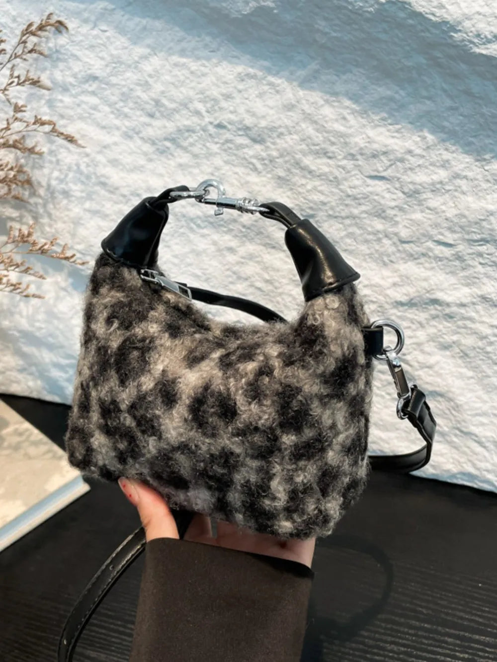 Fuzzy Polyester Mini Handbag with Zipper - Premium Tote Bag from Trendsi - Just $39.99! Shop now at Handbags Specialist Headquarter