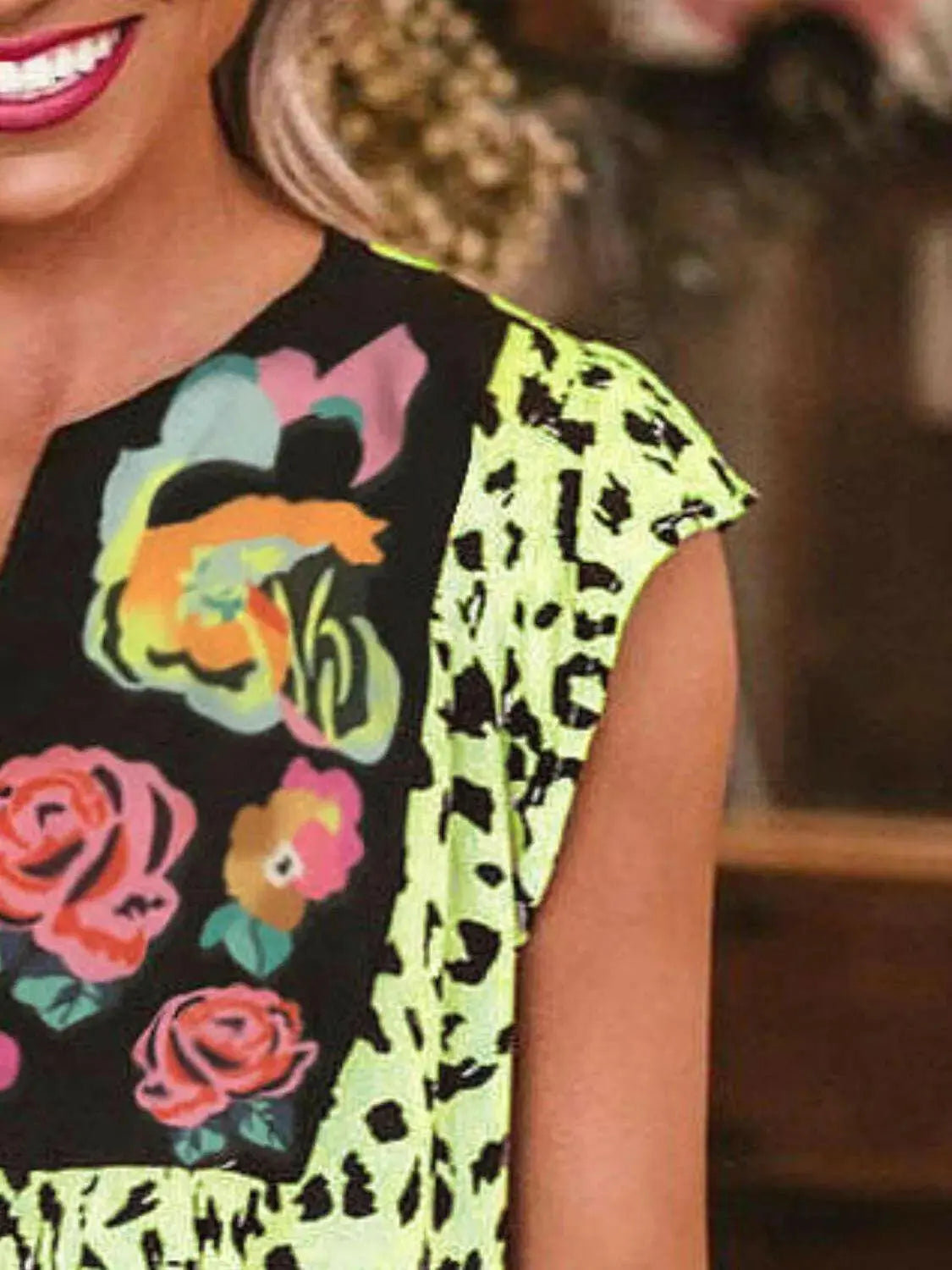 Full Size Leopard Floral Notched Cap Sleeve Blouse Plus Size.