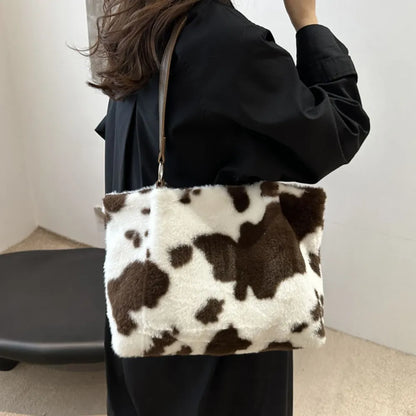 Cow Print Furry Tote Bag - Premium Tote Bag from Trendsi - Just $39.99! Shop now at Handbags Specialist Headquarter