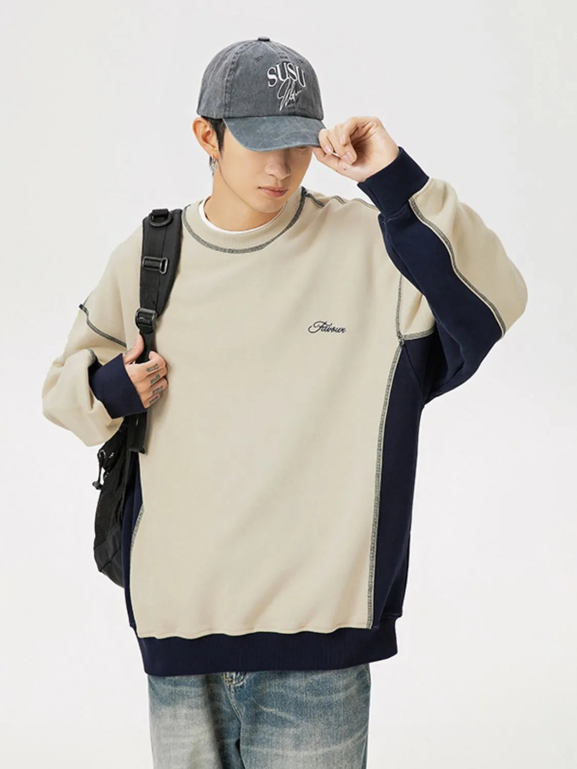 Men's Contrast Round Neck Drop Shoulder Sweatshirt - Premium Men's Sweatshirts from Trendsi - Just $47.38! Shop now at Handbags Specialist Headquarter