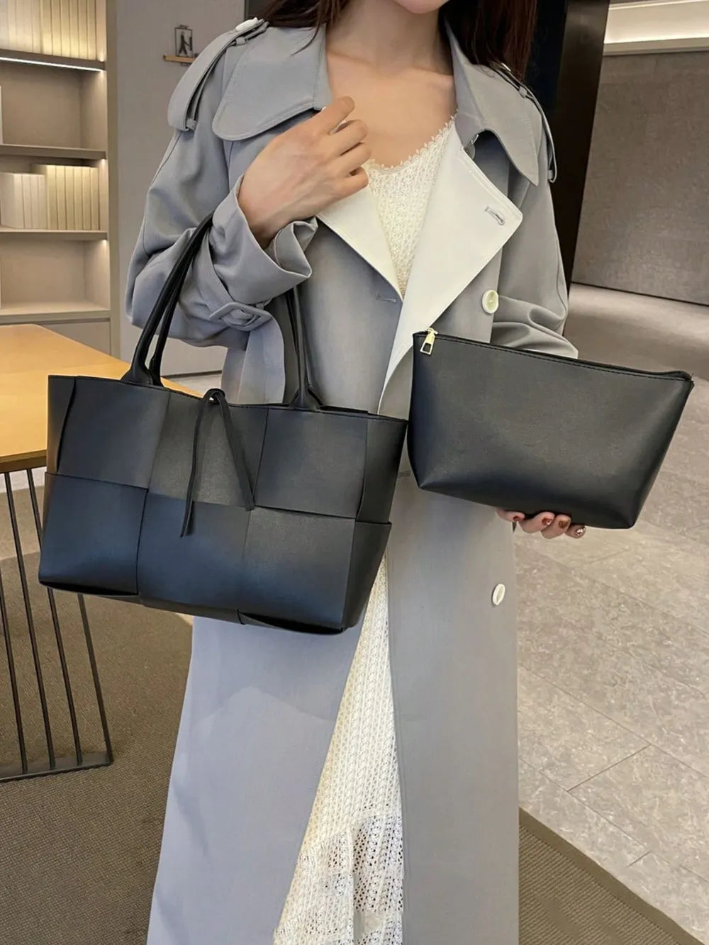 PU Leather Woven Handbag and Clutch Set - Premium handbags from Trendsi - Just $21.99! Shop now at Handbags Specialist Headquarter