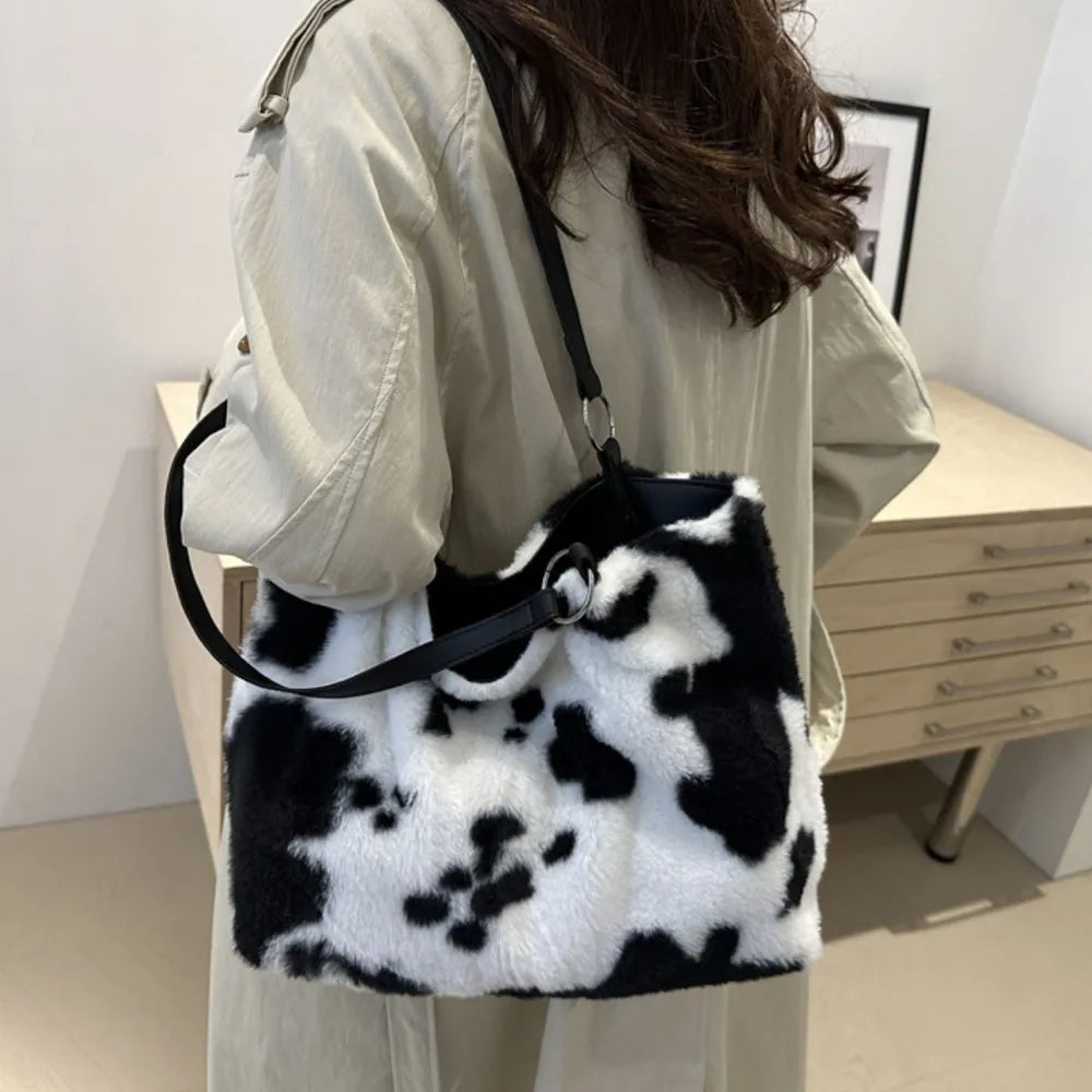 Cow Print Furry Tote Bag - Premium Tote Bag from Trendsi - Just $39.99! Shop now at Handbags Specialist Headquarter