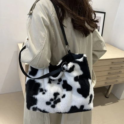 Cow Print Furry Tote Bag - Premium Tote Bag from Trendsi - Just $39.99! Shop now at Handbags Specialist Headquarter