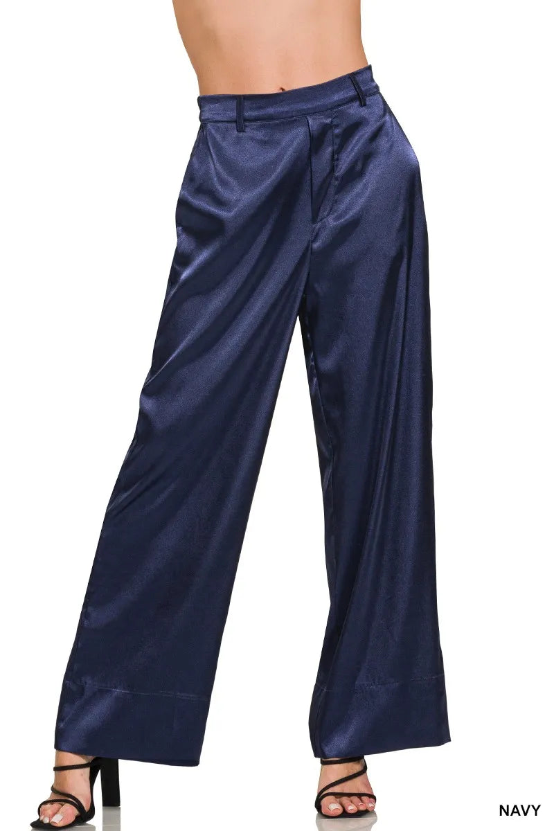 Zenana Wide-Leg Satin Pants - Premium Women Pants from Trendsi - Just $26.99! Shop now at Handbags Specialist Headquarter