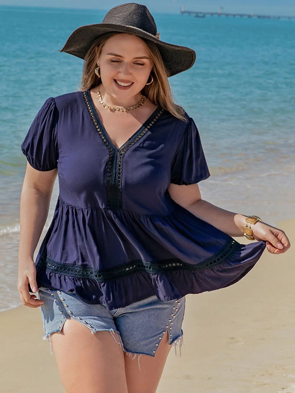 Plus Size Peplum V-Neck Short Sleeve Blouse - Premium Plus Size Shirts from Trendsi - Just $24.02! Shop now at Handbags Specialist Headquarter