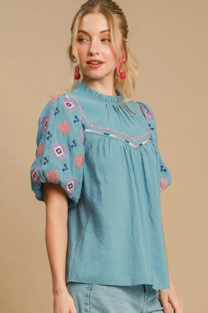 Umgee Full Size Embroidered Puff Sleeve Mock Neck Top Plus Size - Premium Dresses from Trendsi - Just $51.99! Shop now at Handbags Specialist Headquarter