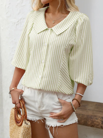 Striped Button Down 3/4 Sleeve Shirt - Premium Women's Down Shirt Tops from Trendsi - Just $27.74! Shop now at Handbags Specialist Headquarter