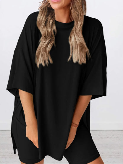 Full Size Oversized Slit Round Neck Top and Shorts Lounge Set Plus Size - Premium Sleepwear from Trendsi - Just $28.99! Shop now at Handbags Specialist Headquarter