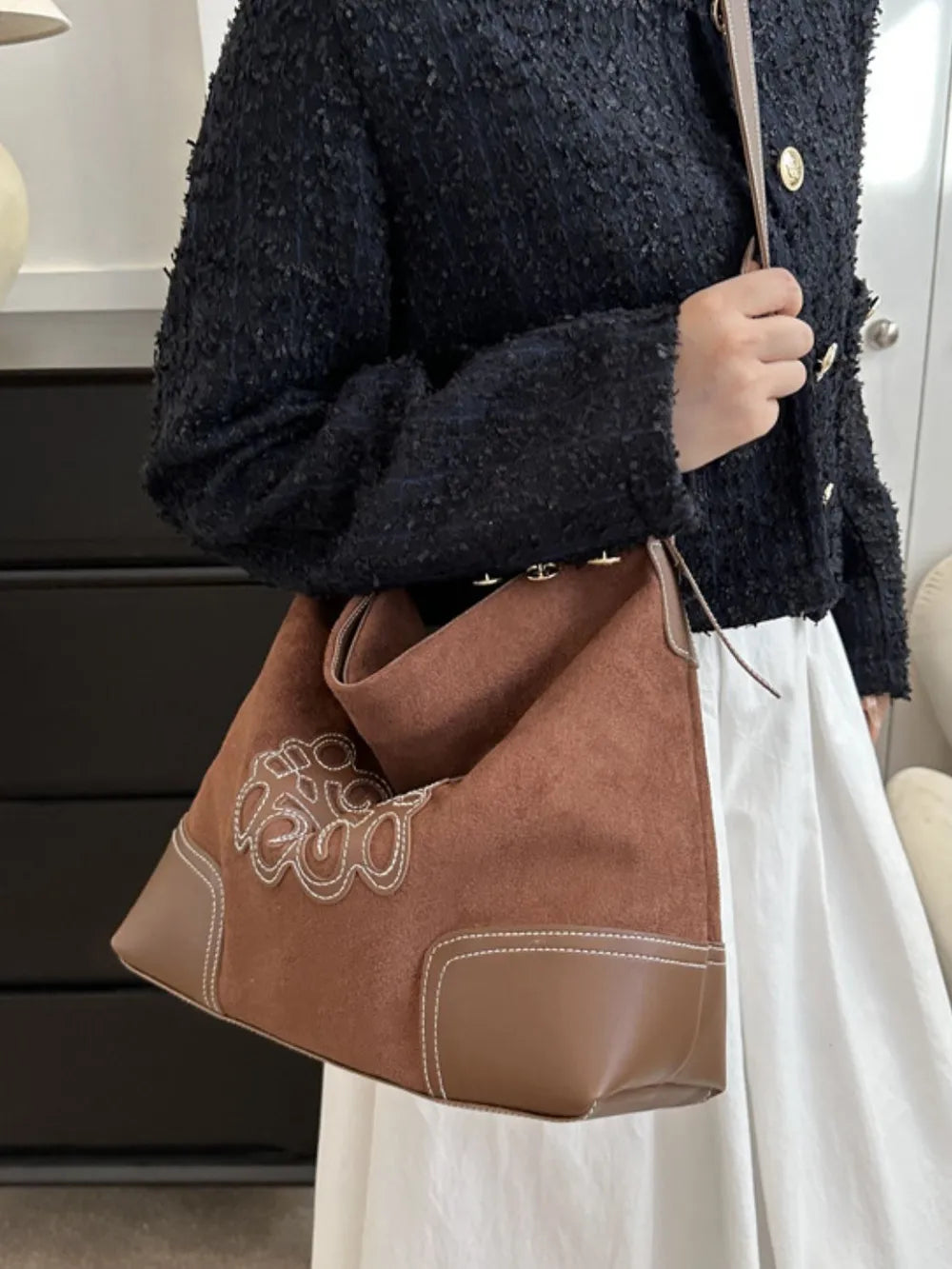 Suede Patch Adjustable Strap Tote Bag - Premium Tote Bag from Trendsi - Just $39.99! Shop now at Handbags Specialist Headquarter