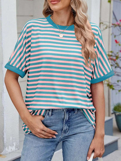 Striped Round Neck Half Sleeve T-Shirt - Premium Women / Tops from Trendsi - Just $19.34! Shop now at Handbags Specialist Headquarter