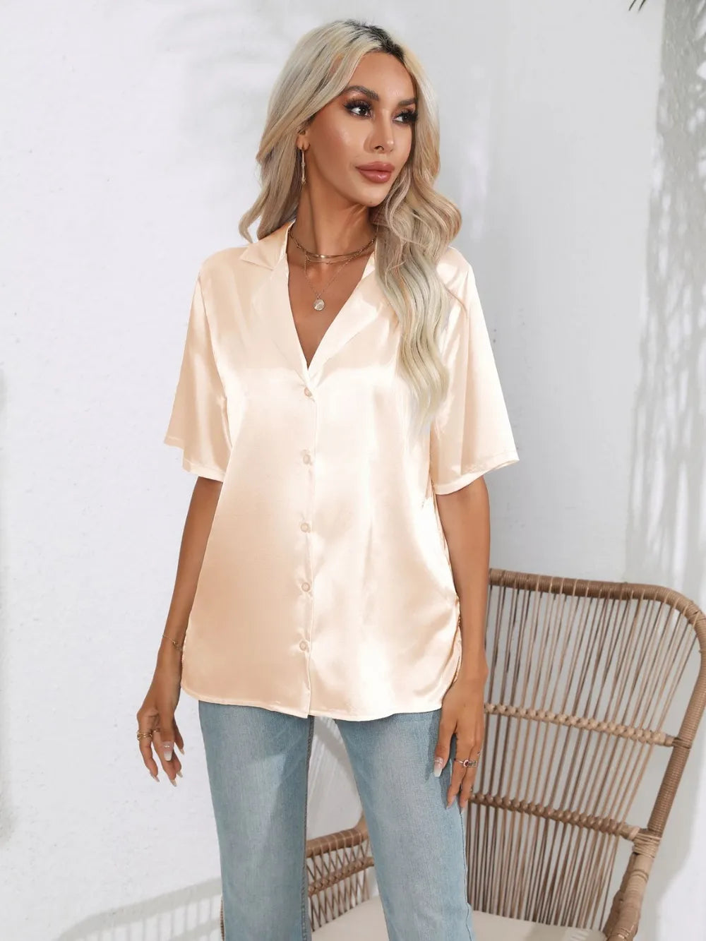 Button Down Short Sleeve Shirt - Premium Women's Down Shirt Tops from Trendsi - Just $19.48! Shop now at Handbags Specialist Headquarter