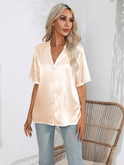Button Down Short Sleeve Shirt - Premium Women's Down Shirt Tops from Trendsi - Just $19.48! Shop now at Handbags Specialist Headquarter