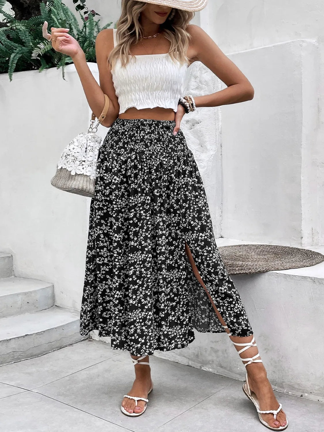 Slit Smocked Printed Skirt - Premium Skirts from Trendsi - Just $32.99! Shop now at Handbags Specialist Headquarter