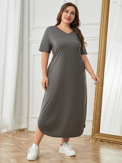 Plus Size Pocketed V-Neck Short Sleeve Lounge Dress - Premium Sleepwear from Trendsi - Just $29! Shop now at Handbags Specialist Headquarter