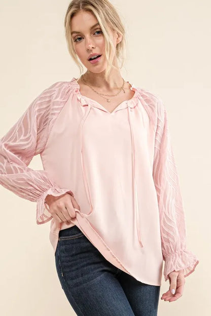 And The Why Leaves Shape Textured Sleeve Blouse - Premium Tops from Trendsi - Just $38.88! Shop now at Handbags Specialist Headquarter