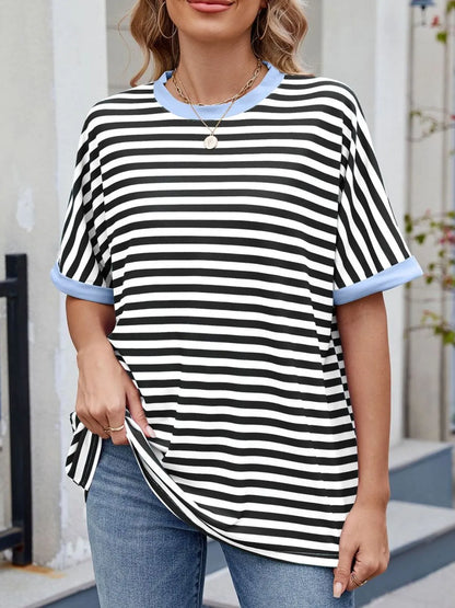 Striped Round Neck Half Sleeve T-Shirt - Premium Women / Tops from Trendsi - Just $19.34! Shop now at Handbags Specialist Headquarter