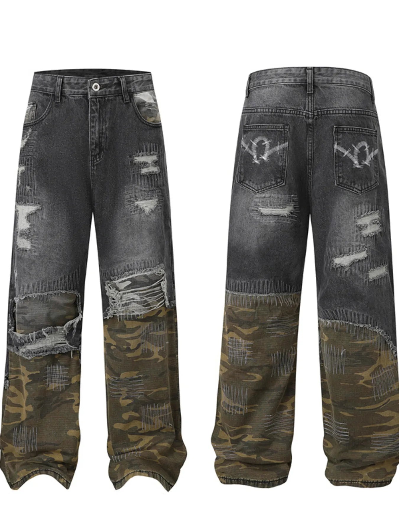 Men's Full Size Distressed Denim Jeans with Camo Patchwork Detailing Plus Size - Premium Women / Jeans & Denim from Trendsi - Just $95.99! Shop now at Handbags Specialist Headquarter