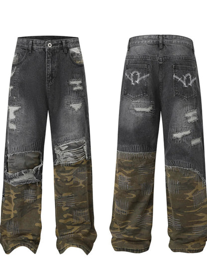 Men's Full Size Distressed Denim Jeans with Camo Patchwork Detailing Plus Size - Premium Women / Jeans & Denim from Trendsi - Just $95.99! Shop now at Handbags Specialist Headquarter
